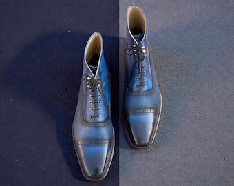 Handmade Two-Tone Blue Leather Cap Toe Boots: Men's Ankle High Formal Wear