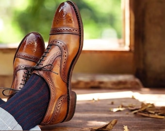 Handmade Brown Leather Brogue Shoes: Men's Cap Toe Formal Wear