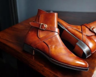 Voguecuir. Men's Handmade Tan Shaded Leather Buckle Strap Boots, Men's Fashion Jodhpur Formal Boot.
