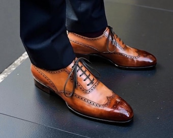 Handmade Brown Leather Wingtip Brogue Shoes: Men's Goodyear Welted Formal Shoes
