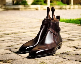 Handgefertigte Jodhpur-Stiefel aus dunkelbraunem Leder: Herren Schnallenriemen Formelle Stiefel