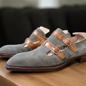 Handmade Grey Suede Monk Strap Shoes: Brown Leather Double Buckle