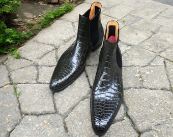 Voguecuir. Men's Handmade Black Croco Leather Slip On Chelsea Boots, Men's Fashion Formal Boot.