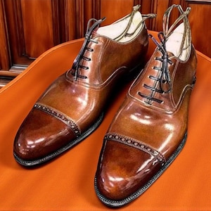 Handmade Brown Leather Cap Toe Shoes: Men's Goodyear Welt Lace Ups image 1