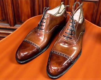 Handmade Brown Leather Cap Toe Shoes: Men's Goodyear Welt Lace Ups
