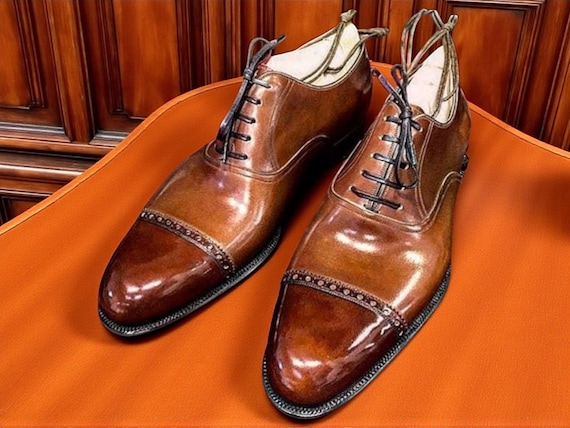 Handmade Brown Leather Cap Toe Shoes: Men's Goodyear Welt Lace Ups