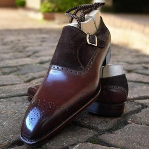 Handmade Two Tone Suede & Leather Monk Strap Shoes