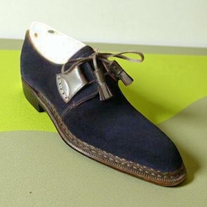 Zapatos de gamuza azul marino con cordones hechos a mano: zapatos formales de cuero para hombre imagen 1