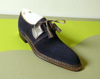 Handmade Navy Blue Suede Lace Up Shoes: Men's Formal Leather Shoes