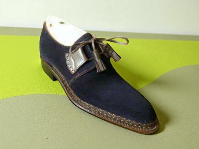 Zapatos de gamuza azul marino con cordones hechos a mano: zapatos formales de cuero para hombre imagen 1