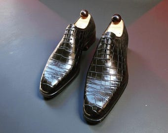 Voguecuir Handmade Men's Black Crocodile Leather Lace Up Shoe, Men's Fashion Formal Shoes.