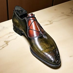 Handmade Two Tone Leather Brogue Shoes: Tan Brown & Dark Green image 2