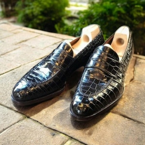 Voguecuir. Handmade Men's Black Crocodile Leather Moccasin Shoe, Men's Fashion Formal Shoes.
