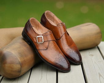 Handmade Brown Leather Monk Strap Shoes: Men's Goodyear Welt Formal Shoes