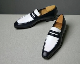 Voguecuir. Handmade Men's Two Tone White & Black Leather Moccasin Shoe, Men's Fashion Formal Shoes.