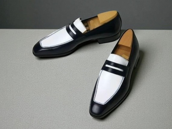 Voguecuir. Handmade Men's Two Tone White & Black Leather Moccasin Shoe, Men's Fashion Formal Shoes.