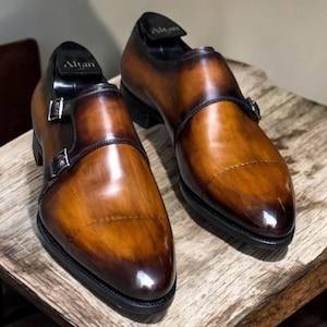 Handmade Shaded Leather Double Monk Strap Shoes: Goodyear Welted