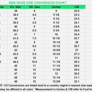 May include: A chart showing men's shoe size conversions in US, EU, UK, inches, and centimeters. The chart shows sizes from 5 to 16 in US sizes, with corresponding sizes in other systems.