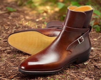 Modeschmuck. Handgefertigte Herren Mittelbraun Schattierte Lederschnalle Stiefel, Herrenmode Jodhpur Formelle Stiefel.