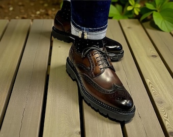 Handmade Dark Brown Leather Wingtip Derby Brogue Shoes
