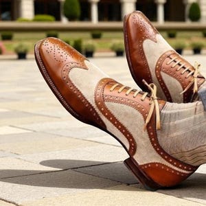 Voguecuir. Men&#39;s Handmade Two Tone Tan Brown Leather & Cream Suede Wingtip Brogue Lace Up Shoes, Men&#39;s Fashion Formal Shoes.