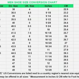 May include: A shoe size conversion chart for men, displaying US, EU, and UK sizes, along with measurements in inches and centimeters. The chart includes sizes from US 5 (9 inches, 22.9 cm) to US 16 (12 5/8 inches, 32.1 cm).