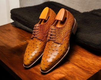 Voguecuir. Handmade Men's Tan Ostrich Leather Lace Up Shoe, Men's Fashion Formal Shoes.