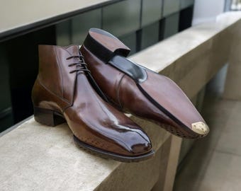 Handmade Chocolate Brown Leather Chakka Boots: Men's Formal Lace Up Boots