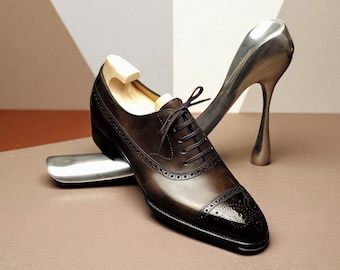 Handmade Dark Brown Leather Cap Toe Brogue Shoes - Goodyear Welted