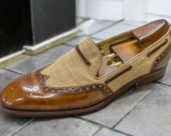 Handmade Leather Brogue Moccasin Shoe: Two Tone Wingtip Dress Shoes