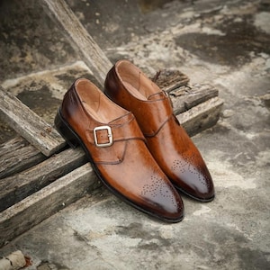 Handmade Brown Leather Monk Strap Shoes: Men&#39;s Goodyear Welt Formal Shoes