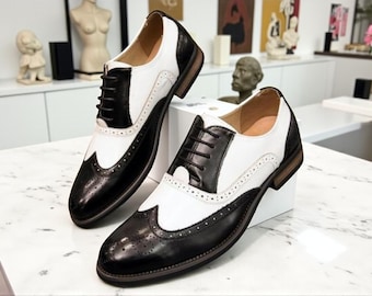 Voguecuir Handmade Men's Two Tone White & Black Leather Lace Up Wingtip Derby Brogue Shoes.