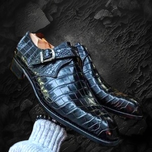 Handmade Black Crocodile Leather Monk Strap Shoes: Men&#39;s Formal Fashion