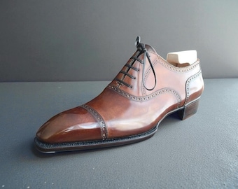 Handmade Brown Leather Cap Toe Oxford Shoes: Men's Formal Fashion