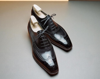 Zapatos brogue de cuero hechos a mano con punta de ala: zapatos de vestir negros con cordones para hombre