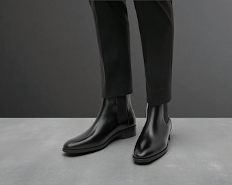 Voguecuir. Men's Handmade Black Plane Leather Chelsea Boots, Men's Fashion Formal Boot.