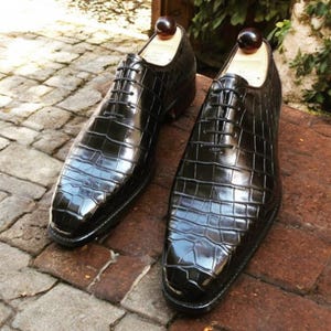 Voguecuir - Zapatos con cordones de piel de cocodrilo negra hechos a mano para hombre, zapatos formales de moda para hombre.