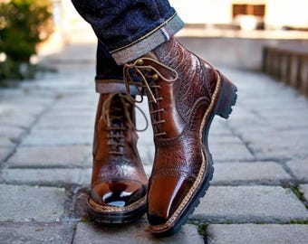 Handmade Two-Tone Burgundy Leather Cap Toe Boots: Men's Formal Ankle Boots