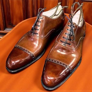 Handmade Brown Leather Cap Toe Shoes: Men's Goodyear Welt Lace Ups image 2