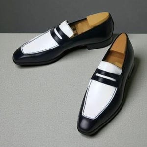 Voguecuir. Handmade Men's Two Tone White & Black Leather Moccasin Shoe, Men's Fashion Formal Shoes. image 2