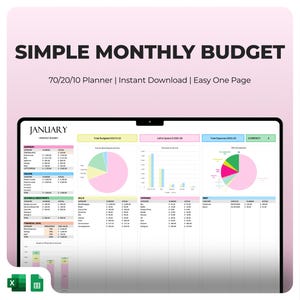 Puede incluir: Una plantilla de hoja de cálculo digital para un presupuesto mensual, con el título "SIMPLE MONTHLY BUDGET" y el texto "70/20/10 Planner | Instant Download | Easy One Page". La hoja de cálculo está dividida en secciones para ingresos, gastos, ahorros y deudas. La hoja de cálculo también incluye gráficos y diagramas para visualizar los gastos y los ahorros.