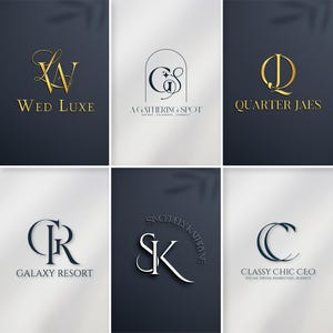 May include: Collection of six logos with elegant typography. The logos feature gold and navy blue color schemes. The text includes "Wed Luxe", "A Gathering Spot", "Quarter Jaes", "Galaxy Resort", "Sincerely Kathryne", and "Classy Chic CEO".