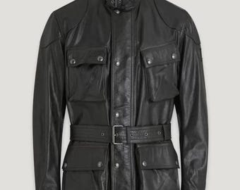 Chaqueta Belstaff Trialmaster Panther de cuero para hombre, chaqueta de motociclista de cuero vacuno auténtico negro, chaqueta de motociclista de carreras, abrigo de cuero hecho a mano.
