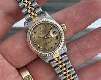 Vintage Rolex Lady Datejust Watch 26mm Two Tone 18k Gold Steel Champagne Roman Dial Jubilee Bracelet Authentic Luxury Watch Gift for Women