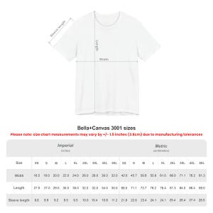 May include: Size chart for Bella+Canvas 3001 t-shirts, showing measurements in inches and centimeters for sizes XS to 5XL. The chart includes width, length, and sleeve length.