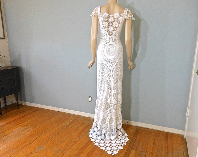 White Lace Wedding DRESS Boho Crochet Hippie Wedding Dress Train M - Etsy