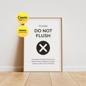 May include: A framed sign with black text on a white background that reads PLEASE DO NOT FLUSH, featuring a black circle with a white X symbol, and text listing feminine hygiene products, baby wipes, garbage, paper towels, and toilet papers.
