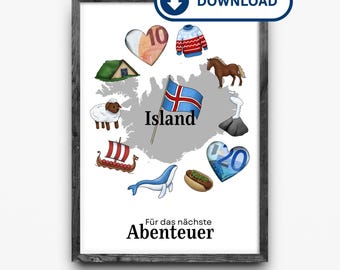 Geldgeschenk Island: Druckvorlage Geschenk für die Reisekasse zum Ausdrucken in DIN A4 und DIN A5