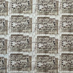 May include: Fabric with a repeating pattern of aged paper and handwritten script. The design features layered rectangles with script and dotted lines, creating a vintage aesthetic. The fabric has a neutral color palette with sepia tones.