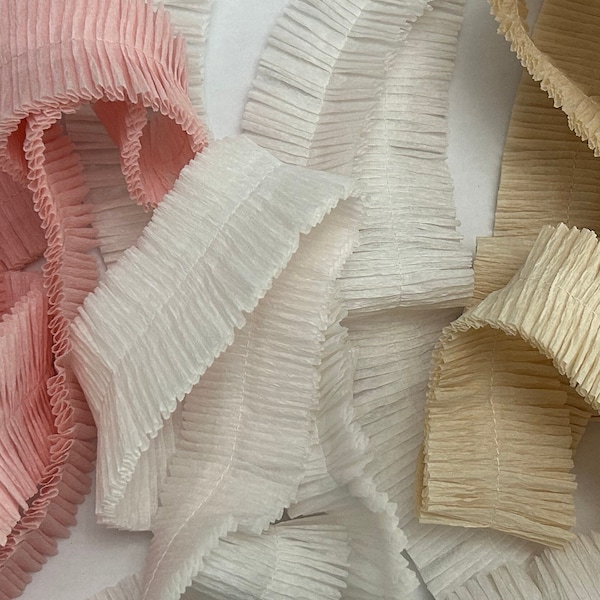ruffled crepe paper - your choice color and length - white, pink, or cream - festooning for rosettes and more, ruffled crepe